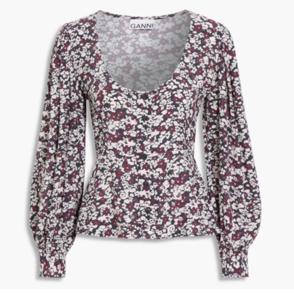 Ganni Burgundy and White Floral Blouse